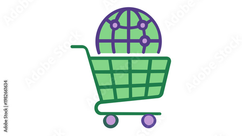 Global retail analytics vector icon illustration showing a green shopping cart containing a purple and green world globe with network nodes, symbolizing international e-commerce and trade.