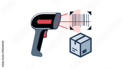 Professional handheld barcode scanner vector icon scanning a barcode above a cardboard box. Minimalist flat illustration for retail business, logistics, inventory management, and shipping.