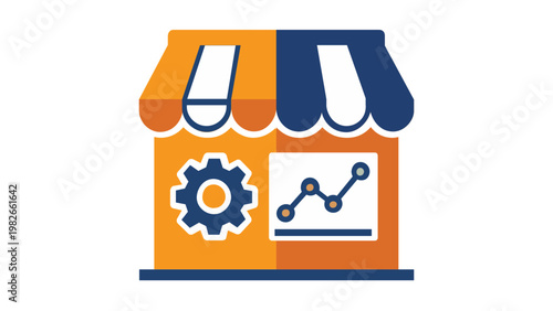 Flat vector illustration of a retail store icon with a gear and line graph, symbolizing business management, franchise operations, sales analytics, commerce optimization, and shop growth.