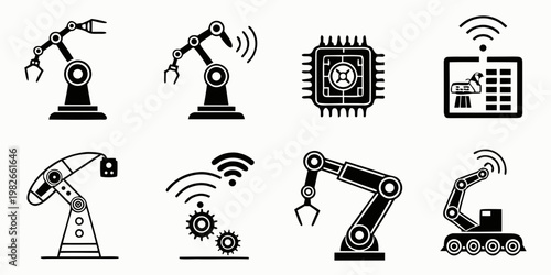Industrial robotic arms and artificial intelligence technology icons set for automation and smart manufacturing with automation industry manufacturing technology machinery intelligence
