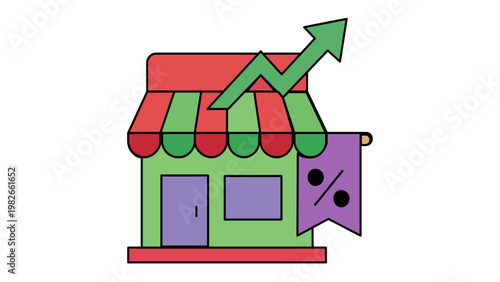 Colorful flat vector illustration of a retail store building icon featuring a green upward growth arrow and a purple discount percentage flag, symbolizing business success and sales.