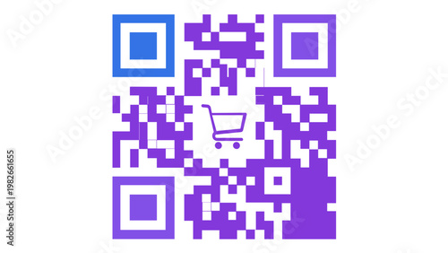 Modern blue and purple gradient QR code vector illustration featuring a shopping cart icon in the center, perfect for digital retail, mobile e-commerce, online shopping, and scan-to-pay technology.