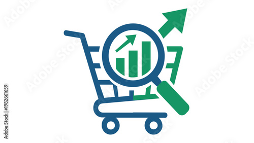Vector icon illustration of a shopping cart with a magnifying glass focusing on a rising bar chart and growth arrow, showing retail business analytics, franchise success, and market research