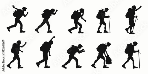 Collection of hiker silhouettes with backpacks engaged in various outdoor trekking motions hiking gear silhouette backpack trekking traveler adventure outdoors mountaineering explorer