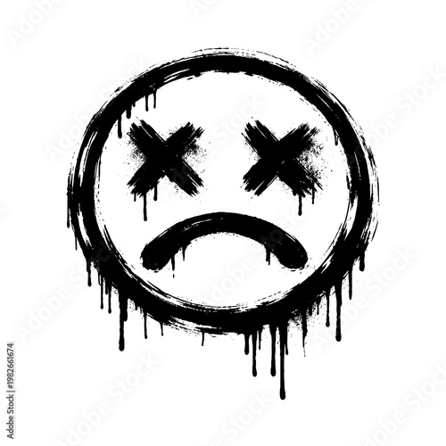 Distressed black ink sad face icon with dripping paint, featuring stylized crossed-out eyes, conveying profound despair and grunge artistic expression