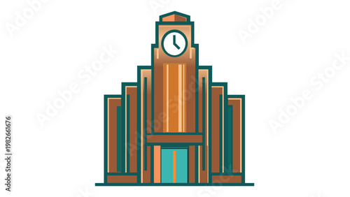 Art Deco retail store building vector icon illustration with a prominent clock tower, featuring elegant copper and teal gradients, minimalist flat design for business, commerce, and urban city life.