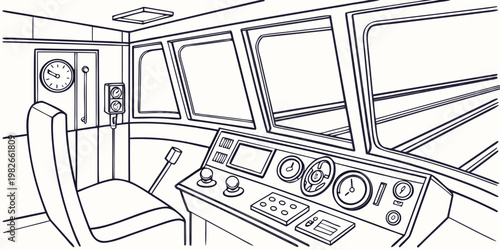 Line art drawing of a modern train driver cabin control panel interior with interior locomotive railroad instrument dashboard transport transportation technology engineer machinery