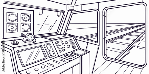 Interior view of a train locomotive operator control desk and window looking at tracks with locomotive operator interior railroad transport transportation technology engineer machinery