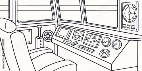 Train cockpit interior controls line art vector illustration with interior controls dashboard navigation steering transportation machinery operator technology illustration monochrome