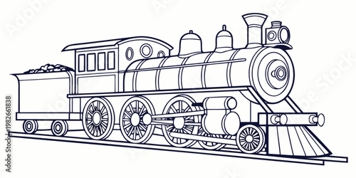 Classic steam locomotive train line art illustration with steam engine locomotive railroad transportation transport historic isolated monochrome illustration carriage industrial