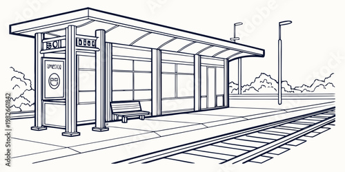 Modern train station platform with bench and waiting area shelter platform railroad transportation commuter architecture infrastructure traveling terminal departure structure traveler