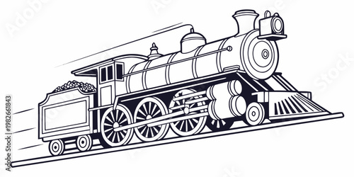 Fast moving steam locomotive train graphic illustration with steam engine locomotive railroad transportation transport movement isolated monochrome illustration carriage industrial