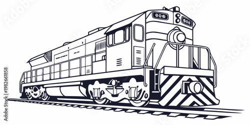 Modern diesel locomotive freight train line art illustration with rail car locomotive railroad industrial transportation transport isolated monochrome illustration delivery logistics