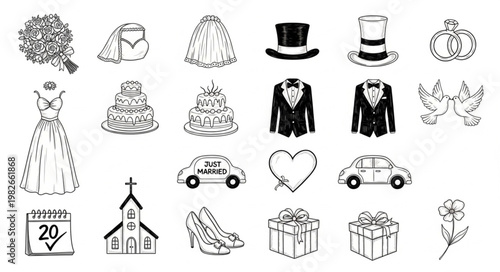 Wedding Elements Collection Hand Drawn Icons Set.