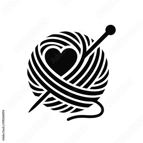 Black and white of ball of wool with heart and knitting needle