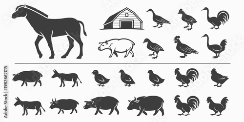 Set of farm animals and poultry silhouettes for agriculture and livestock icons with livestock agriculture countryside domestic silhouette collection farmhouse breeding creature