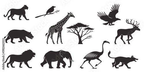 Collection of african wildlife silhouettes featuring large mammals birds and trees silhouette wildlife elephant collection predator creature minimalist illustration isolated adventure