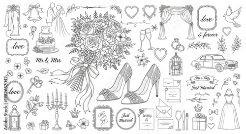 Wedding Elements Collection Hand Drawn Sketch Style.