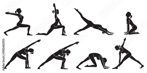 Collection of yoga poses silhouette set of a woman performing various stretching and fitness exercises with silhouette exercise training wellness isolated illustration collection flexible