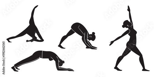 Set of female yoga pose silhouettes in various stretching and flexibility exercises with silhouette exercise training flexibility lifestyle wellness meditation gymnastics activity