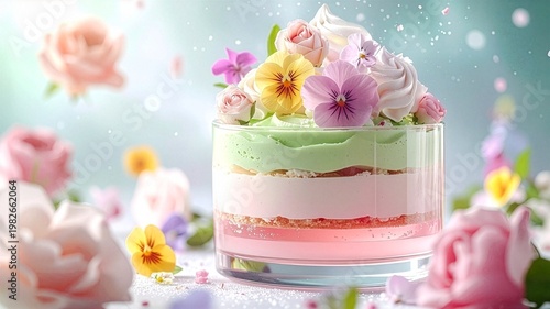 母の日　パステルカラーのエディブルフラワーのパフェ