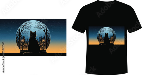 Black cat silhouette with moonlit trees on a black t shirt