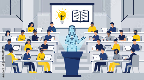 Lecturer delivering presentation at podium to audience.