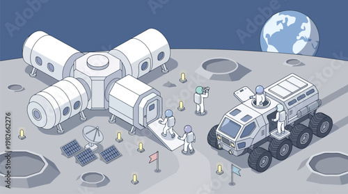 Lunar base and rover exploration on the moon.