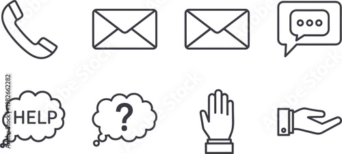 Contact communication help support message email assistance editable stroke outline vector icon set for customer service interface design
