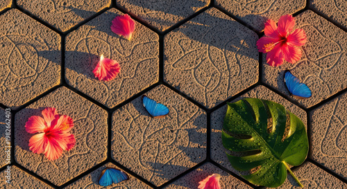 Close-up of vibrant flowers and butterflies on textured hexagonal surface