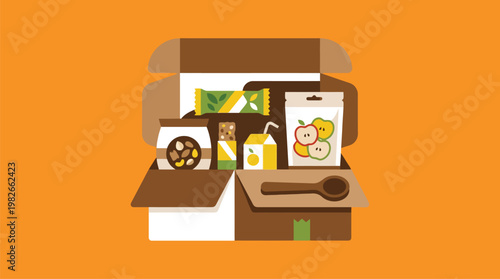 Open cardboard box filled with groceries.