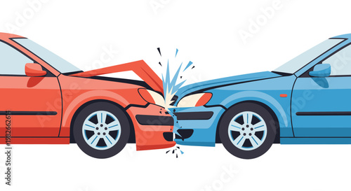 Car Accident Collision Vector Illustration Featuring Red and Blue Sedans Crashing Head-On for Insurance and Traffic Safety Concepts