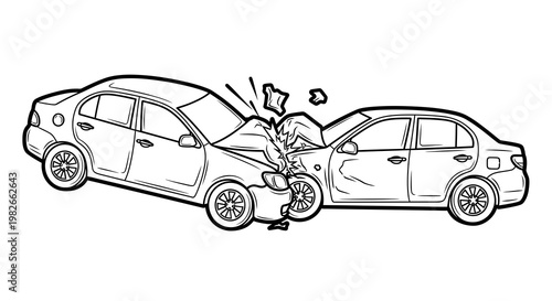 Car Accident Collision Vector Illustration, Black and White Line Art Drawing of Two Vehicles Crashing for Insurance and Traffic Safety Concepts
