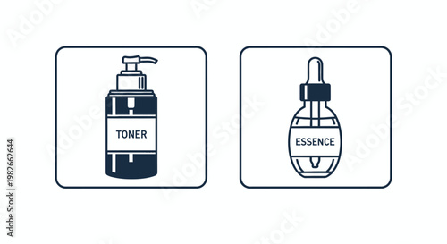 Skincare routine icons: toner bottle and essence dropper, minimalist line art