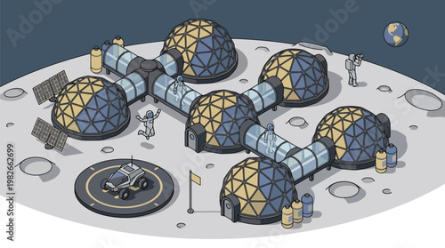 Space habitat domes connected by tunnels on lunar surface.