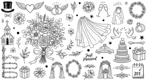 Wedding Elements Collection Hand Drawn Vector Illustration.