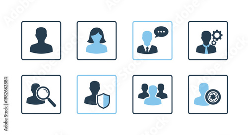 User Profile Icons: Male, Female, Chat, Settings, Search, Security, Team, Camera
