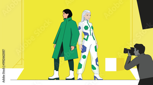 Two fashion models walk forward in bold colorful outfits.