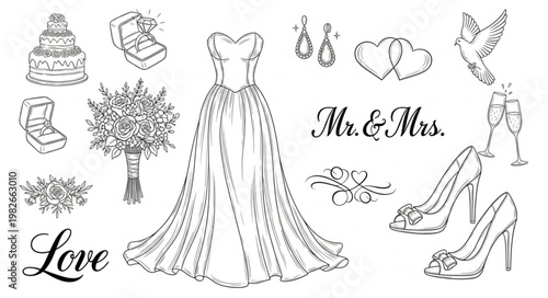 Wedding Elements Collection Line Art Design.