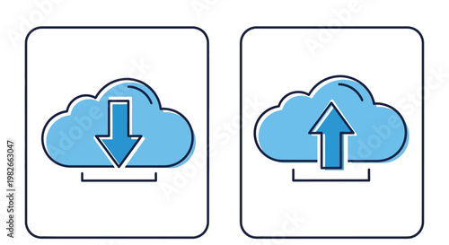 Cloud Upload and Download Icons: Data Transfer and Storage Concept