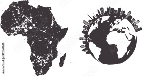African continent map and globe with city skyline silhouette earth