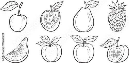 Black and white line of various fruits including a cherry apple pear pineapple and citrus slice