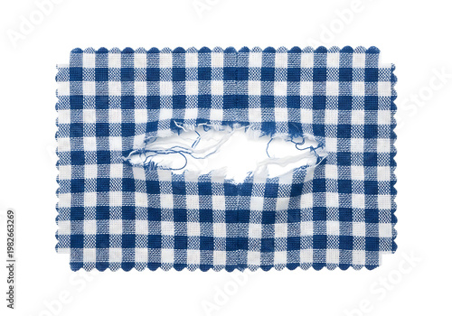 Torn Blue Gingham Fabric. Damaged Textile. Ripped Cloth.
