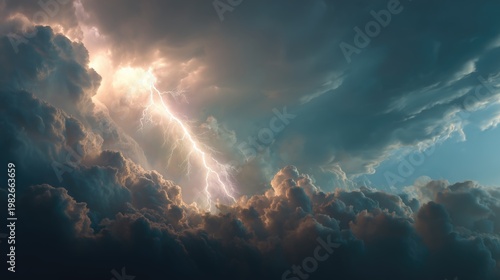 Extreme Weather: Dramatic Lightning Striking Through Storm Clouds at Sunset, Powerful Nature Scene for Climate Change Awareness and Environmental Campaigns