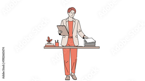 Business professional organizing documents at a desk, minimalist illustration