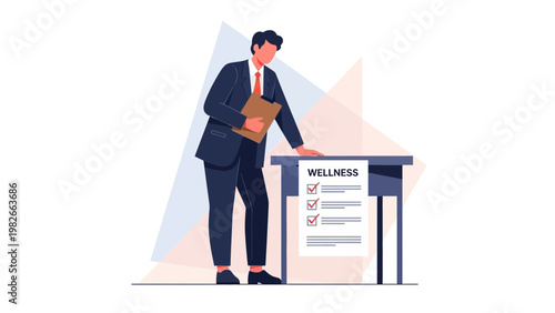 Businessman checking wellness checklist on table, business health concept