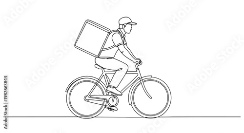 Delivery man riding bicycle fast.