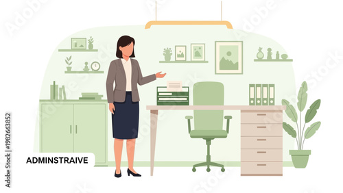 Businesswoman in office, administrative assistant at desk with paperwork and plant.