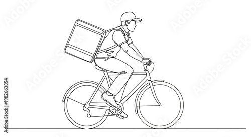 Delivery man riding bicycle fast.