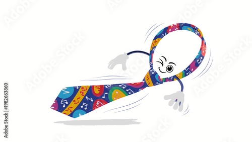A colorful cartoon tie with a smiling face runs quickly across a plain white background with motion blur.